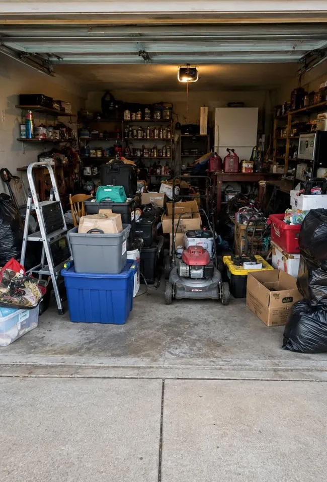 The same single-car garage stacked with totes, tools, a lawn mower, ladder and trash bags before the cleanout