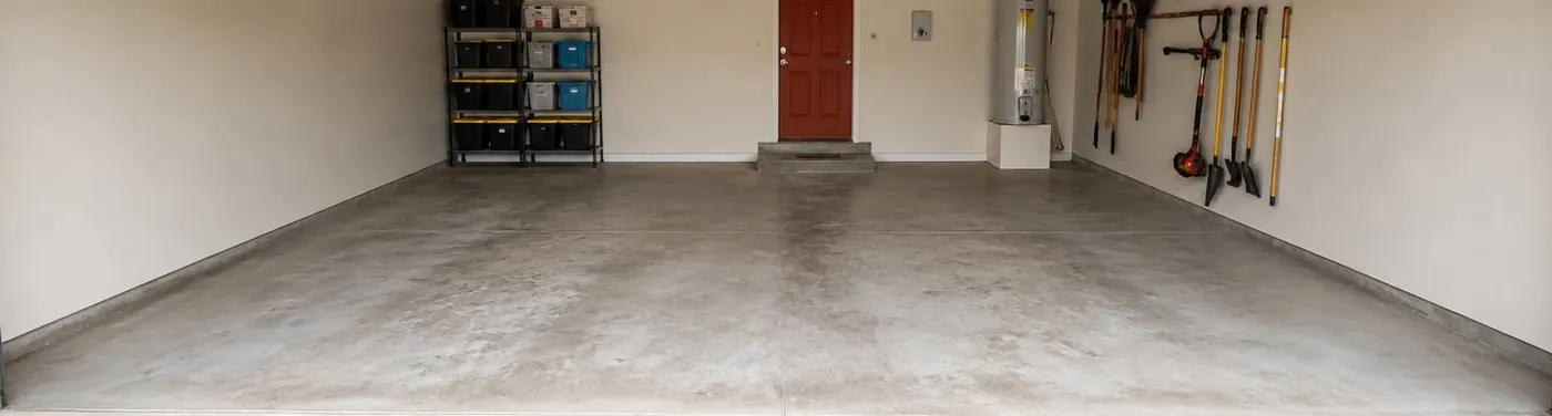 The same two-car garage completely emptied, swept and usable after junk removal