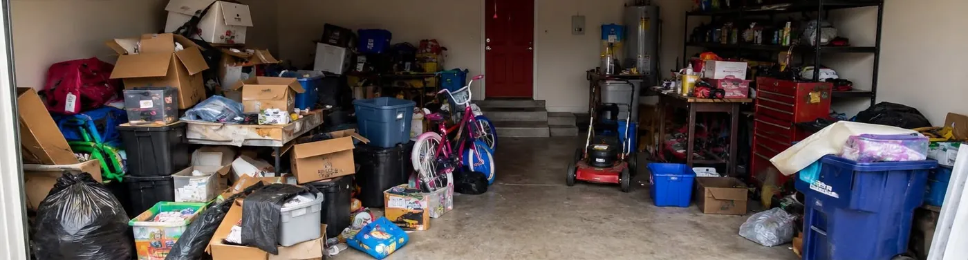 Two-car garage packed wall to wall with boxes, bins, bikes, bags and clutter before junk removal