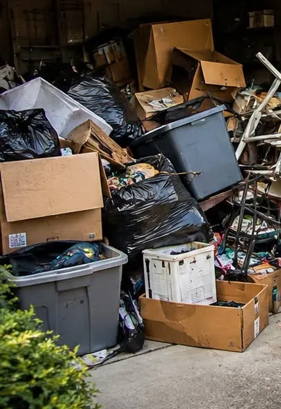 Bagged household junk, boxes, bins and scrap piled at the front of a garage before removal
